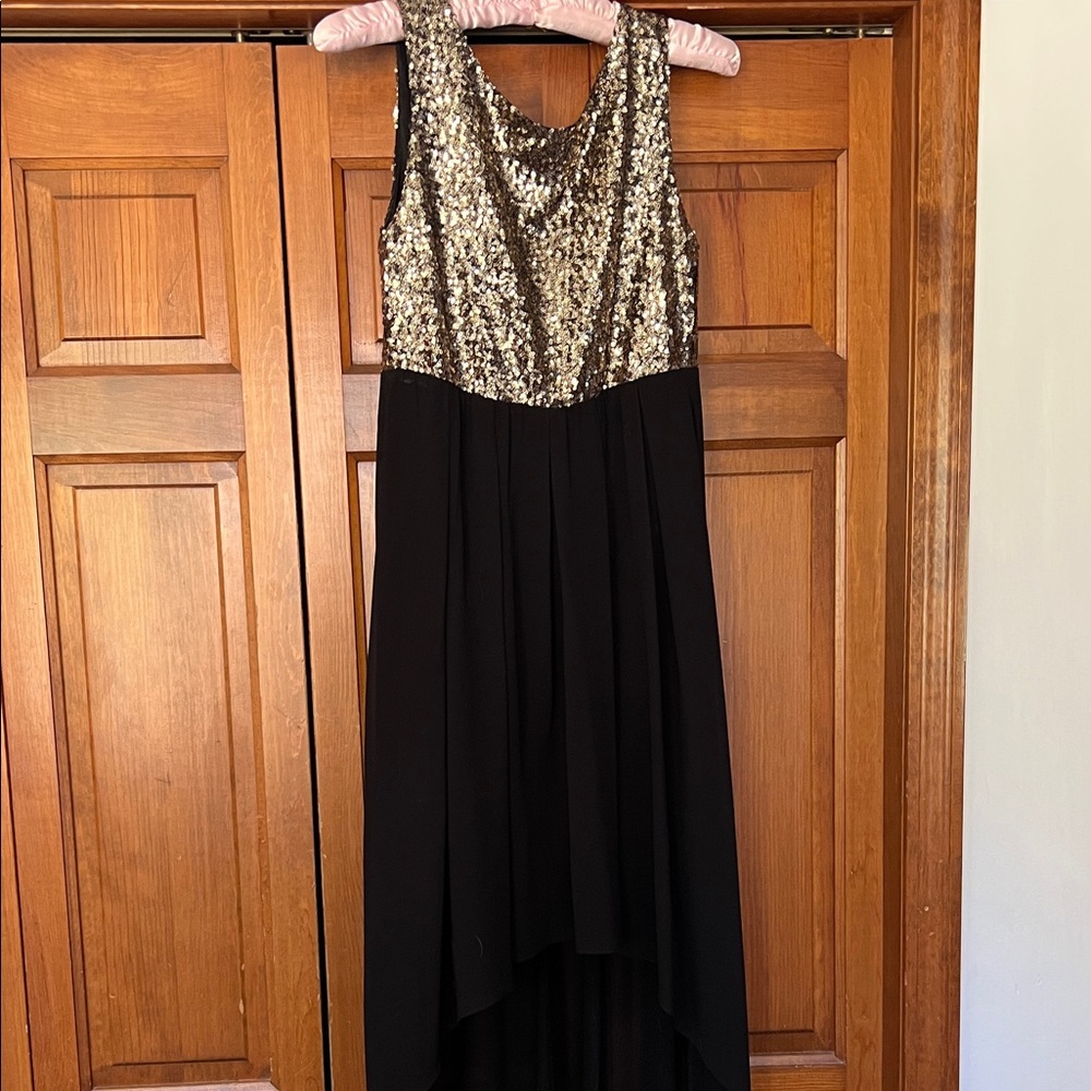 Alythea Black High-Low Dress with Gold Sequin Bodice